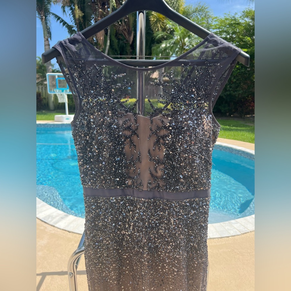 Adrianna Papell Hand Beaded 10US Evening Gown, Sheer Mesh Illusion Bodice Gray